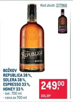 Makro BOŽKOV Republica 38%, Solera 38%, Espresso 33%,Honey 33% nabídka