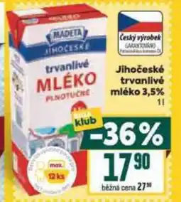 Billa MADETA Jihočeské trvanlivé mléko 3,5% nabídka
