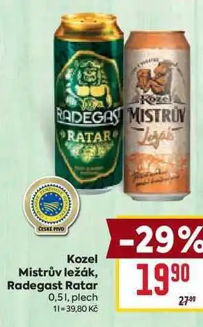 Billa Kozel Mistrův ležák, Radegast Ratar 0,51, plech nabídka