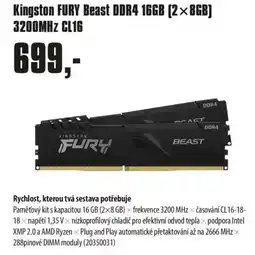 COMFOR Kingston FURY Beast DDR4 16GB (2×8GB) 3200MHz CL16 nabídka