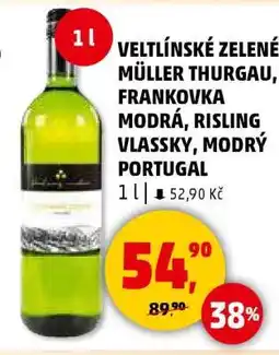 Penny Market VELTLÍNSKÉ ZELENÉ, MÜLLER THURGAU, FRANKOVKA MODRÁ, RISLING VLASSKY, MODRÝ PORTUGAL nabídka