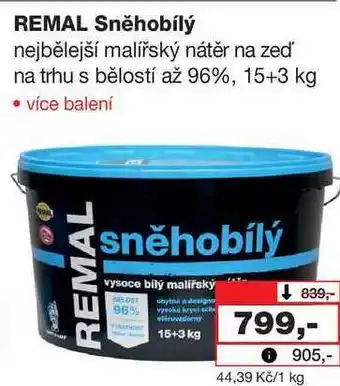 Barvy a laky drogerie REMAL Sněhobílý nejbělejší malířský nátěr na zeď na trhu s bělostí až 96%, 15+3 kg nabídka