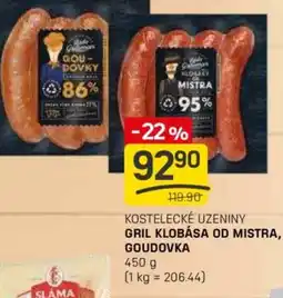 Flop Kostelecké uzeniny gril klobása od mistra, goudovka nabídka