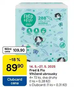 Tesco Fred & Flo Vlhčené ubrousky, 4x 72 ks, dva druhy nabídka