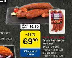 Tesco Tesco Papriková klobása, 360 g, balená nabídka