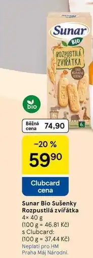 Tesco Sunar Bio Sušenky Rozpustilá zvířátka, 4× 40 g nabídka