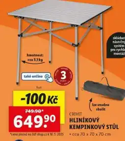 Lidl CRIVIT HLINÍKOVÝ KEMPINKOVÝ STŮL nabídka