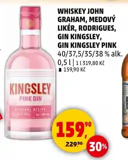 Penny Market Whiskey john graham, medový likér, rodrigues, gin kingsley, gin kingsley pink nabídka