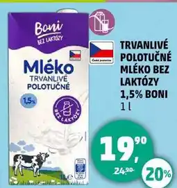 Penny Market TRVANLIVE POLOTUČNÉ MLÉKO BEZ LAKTÓZY 1,5% BONI, 1 l nabídka