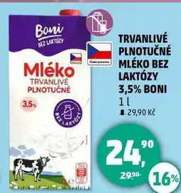 Penny Market TRVANLIVÉ PLNOTUČNÉ MLÉKO BEZ LAKTÓZY 3,5% BONI, 1 l nabídka