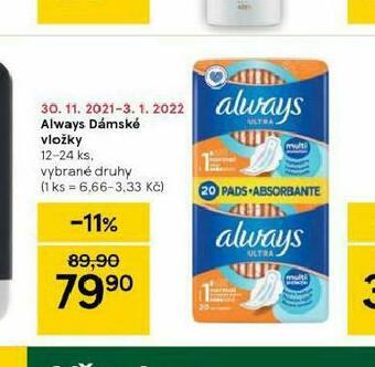 Tesco Always dámské vložky nabídka