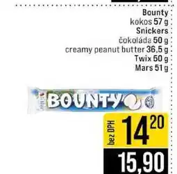Jip Bounty kokos 57 g Snickers čokoláda 50 g creamy peanut butter 36,5 g Twix 50 g Mars 51 g nabídka