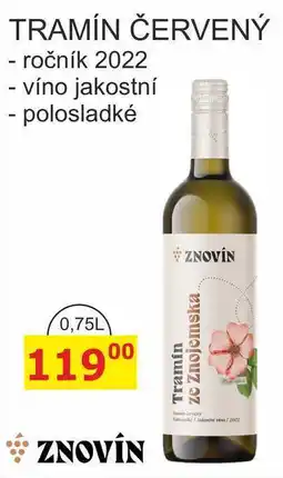 BENE Nápoje ZNOVÍN TRAMÍN ČERVENÝ - ročník 2022 - víno jakostní - polosladké 0,75L nabídka