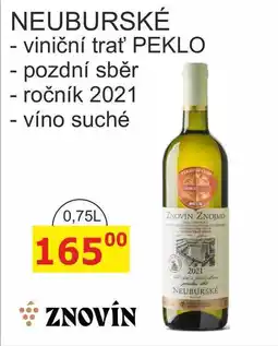 BENE Nápoje NEUBURSKÉ - viniční trať PEKLO, pozdní sběr, ročník 2021 - víno suché 0,75L nabídka