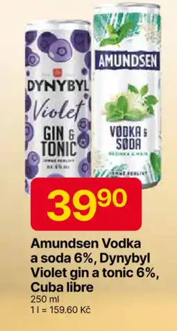 Hruška Amundsen Vodka a soda 6%, Dynybyl Violet gin a tonic 6%, Cuba libre nabídka