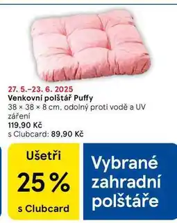 Tesco Venkovní polštář Puffy, 38 x 38 x 8 cm, odolný proti vodě a UV záření nabídka