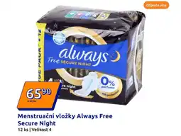 Action Menstruační vložky always free secure night nabídka