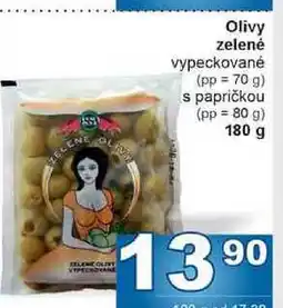 Jip Olivy zelené vypeckované (pp = 70 g) s papričkou (pp = 80 g) 180 g nabídka