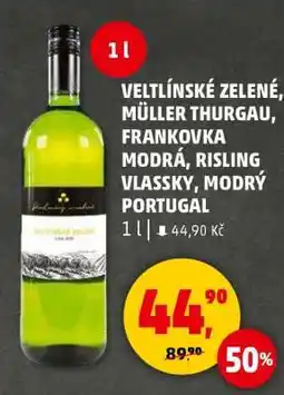 Penny Market VELTLÍNSKÉ ZELENÉ, MÜLLER THURGAU, FRANKOVKA MODRÁ, RISLING VLASSKY, MODRÝ PORTUGAL nabídka