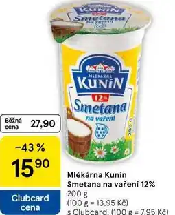Tesco Mlékárna Kunín Smetana na vaření 12%, 200 g nabídka