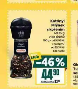 Billa Kotányi mlýnky s kořením nabídka
