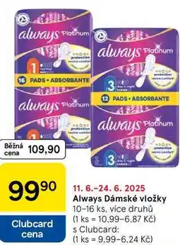 Tesco Always Dámské vložky, 10-16 ks, více druhů nabídka