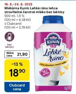 Tesco Mlékárna Kunín Lehké ráno lehce stravitelné čerstvé mléko bez laktózy nabídka