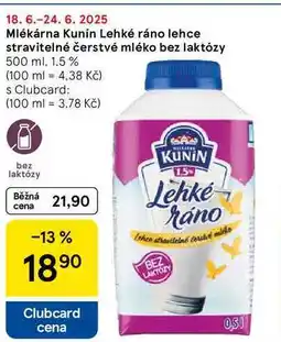 Tesco Mlékárna Kunín Lehké ráno lehce stravitelné čerstvé mléko bez laktózy, 500 ml nabídka