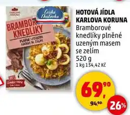 Penny Market HOTOVÁ JÍDLA KARLOVA KORUNA Bramborové knedlíky plněné uzeným masem se zelím, 520 g nabídka