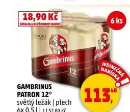 Penny Market GAMBRINUS PATRON 12 světlý ležák plech, 6 x 0,5 l nabídka