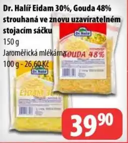 Partner Maloobchodní síť DR. HALIŘ Eidam 30%, gouda 48% strouhaná ve znovu uzavíratelném stojacím sáčku nabídka