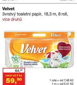 Ráj drogerie Velvet 3vrstvý toaletní papír, 18,3 m, 8 rolí nabídka