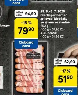 Tesco Berner grilovací klobásky se sýrem ve slanině nabídka