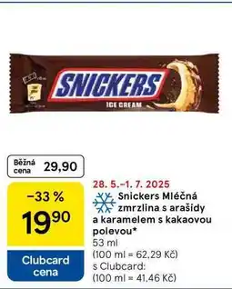 Tesco Snickers Mléčná zmrzlina s arašídy a karamelem s kakaovou polevou, 53 ml nabídka