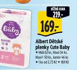 Albert Albert Dětské plenky Cute Baby Midi 62 ks, Maxi 54 ks, Maxi+ 50 ks, Junior 46 ks nabídka