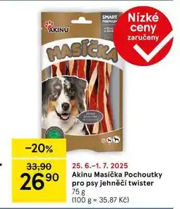 Tesco Akinu Masíčka Pochoutky pro psy jehněčí twister, 75g nabídka