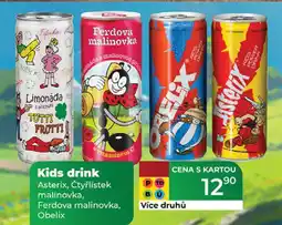 Tamda Foods Kids drink Asterix, Čtyřlístek P malinovka, Ferdova malinovka, Obelix nabídka