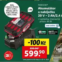 Lidl PARKSIDE Akumulátor a nabíječka 20 V – 2 Ah/2,4 A nabídka