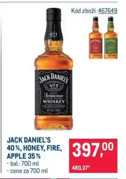 Makro JACK DANIEL'S 40 %, HONEY, FIRE, APPLE 35 % nabídka