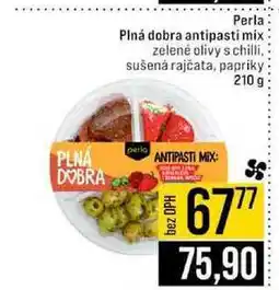 Jip Perla Plná dobra antipasti mix zelené olivy s chilli, sušená rajčata, papriky 210 g nabídka