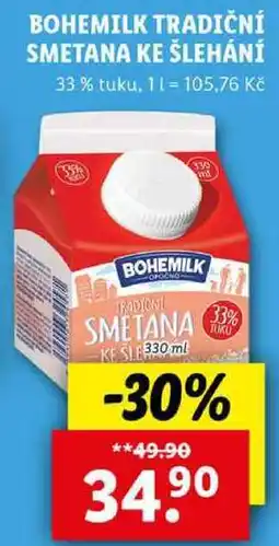 Lidl BOHEMILK TRADIČNÍ SMETANA KE ŠLEHÁNÍ, 330 ml nabídka