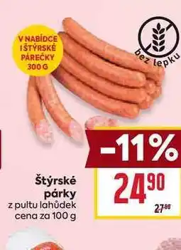 Billa Štýrské párky z pultu lahůdek cena za 100 g nabídka