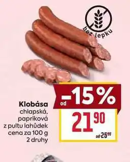Billa Klobása chlapská, papriková z pultu lahůdek cena za 100 g nabídka
