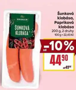 Billa Šunková klobása, Papriková klobása 200 g nabídka