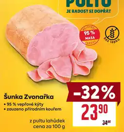 Billa Šunka Zvonařka 95 % vepřové kýty zauzeno přírodním kouřem z pultu lahůdek cena za 100g nabídka