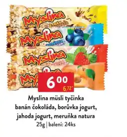 Qanto Myslina müsli tyčinka banán čokoláda, borůvka jogurt, jahoda jogurt, meruňka natura nabídka