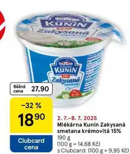 Tesco Mlékárna Kunín Zakysaná smetana krémovitá 15%, 190 g nabídka
