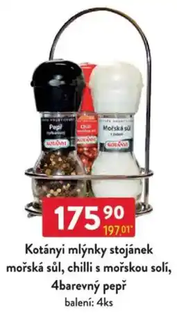 Qanto KOTÁNYI mlýnky stojánek mořská sůl, chilli s mořskou solí, 4barevný pepř nabídka