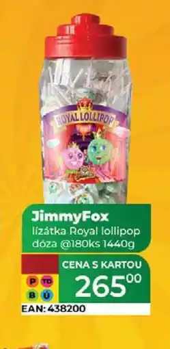 Tamda Foods JimmyFox lízátka Royal lollipop dóza @180ks 1440g nabídka