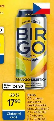Tesco BirGo, 0.5 l, plech, ochucené nealkoholické pivo, více druhů nabídka